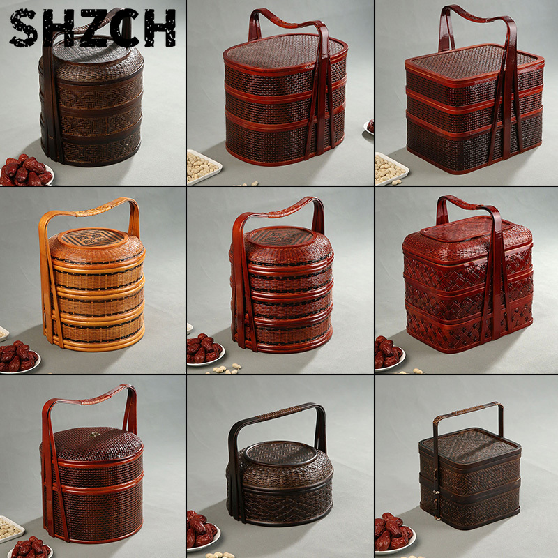 Snacks Food Hamper Basket - Bambusowy kosz piknikowy z pokrywką, wielowarstwowy